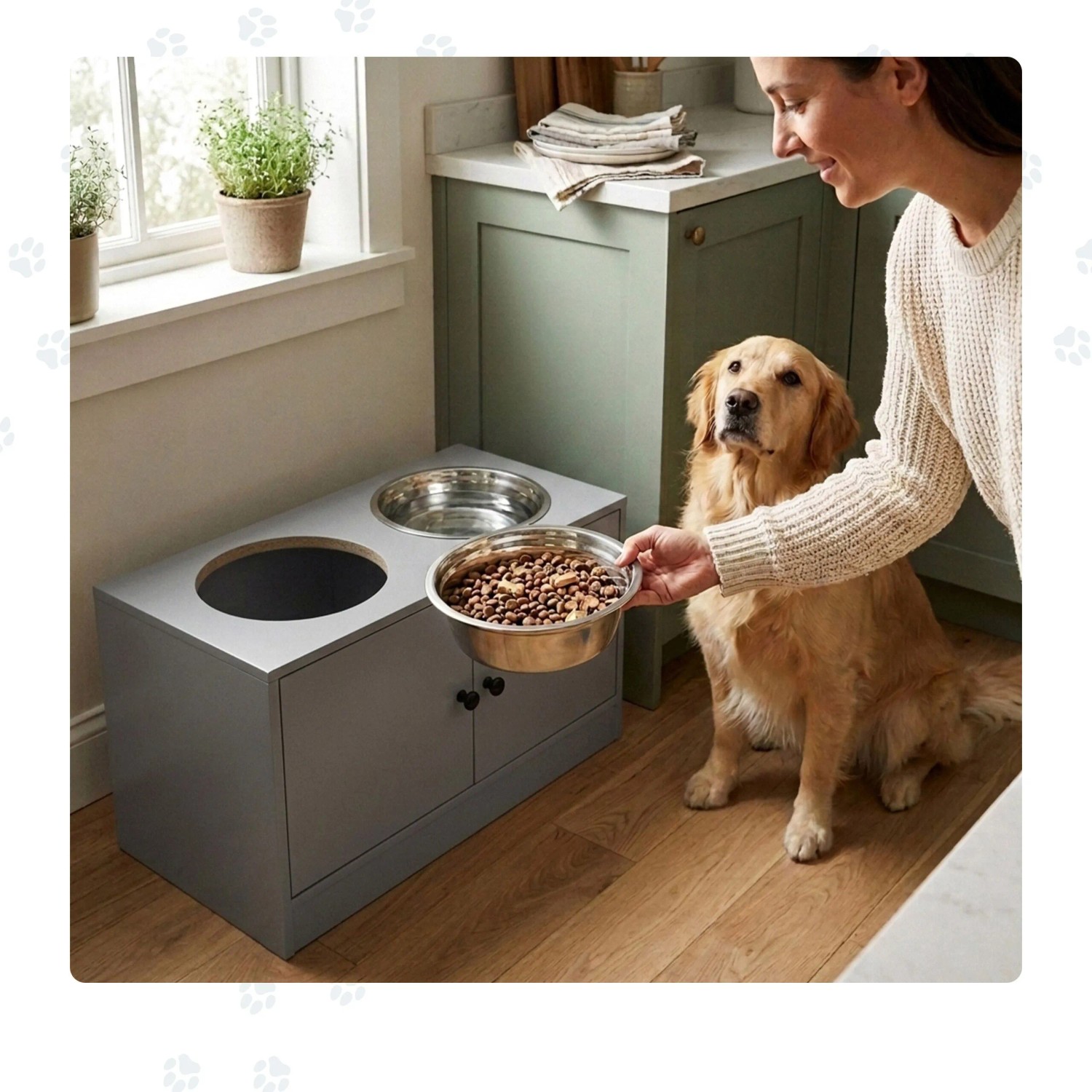 Graue Relaxdays Hundefutterstation aus MDF mit zwei Edelstahlnäpfen und Schrankfach. Eine Frau füttert einen Golden Retriever.
