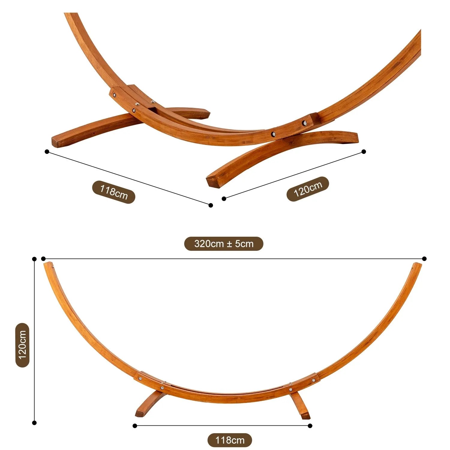 Maße des HOMAVO Hängemattengestells aus Holz, beige, 320x120x120 cm.