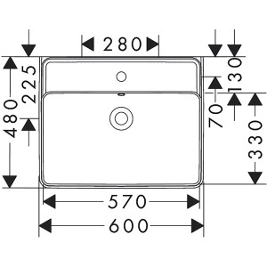 Technische Zeichnung Hansgrohe Xanuia Q Waschtisch, 60x48 cm, weiß, mit Maßangaben.