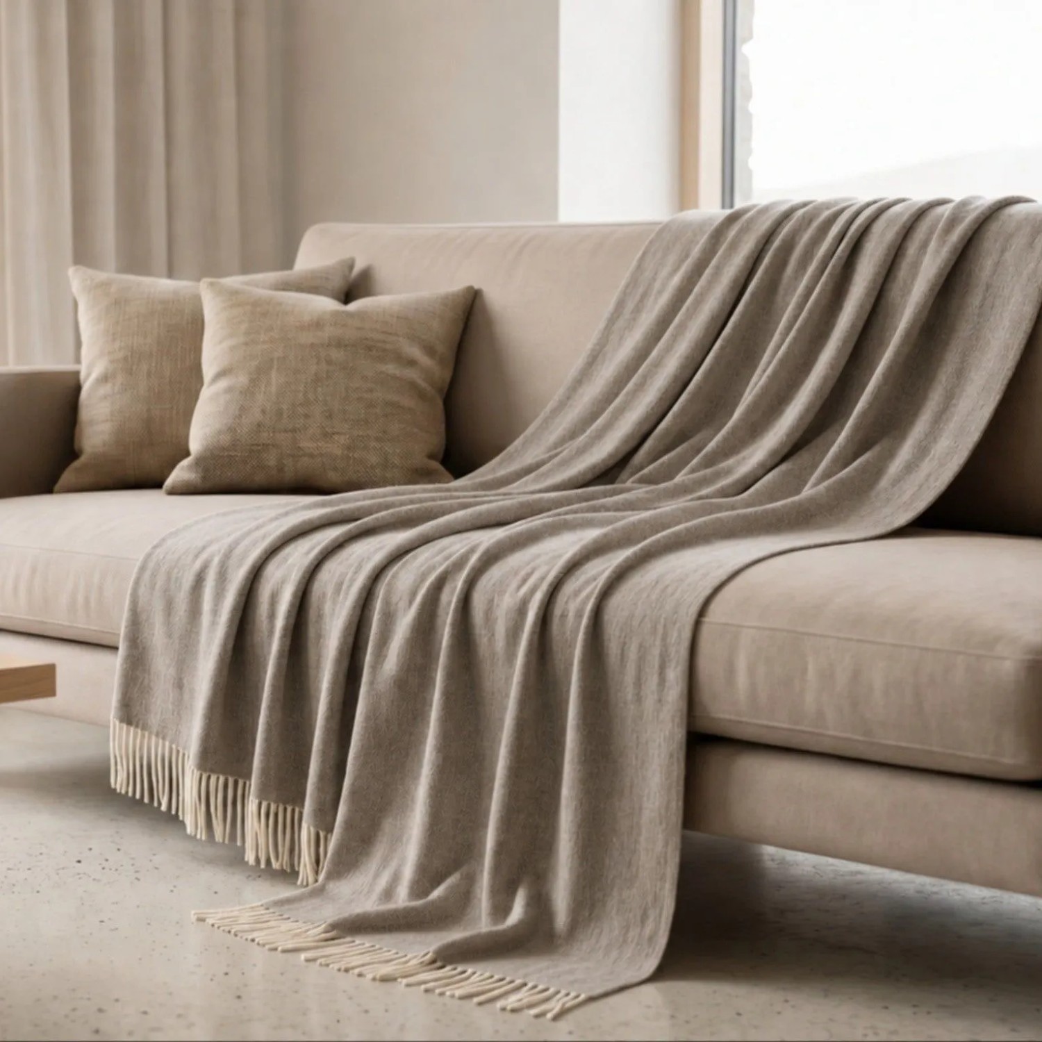 The White Stone Sofadecke Taupe, Baumwoll-Mix, mit Fransen auf Sofa. Leichte Wohndecke.
