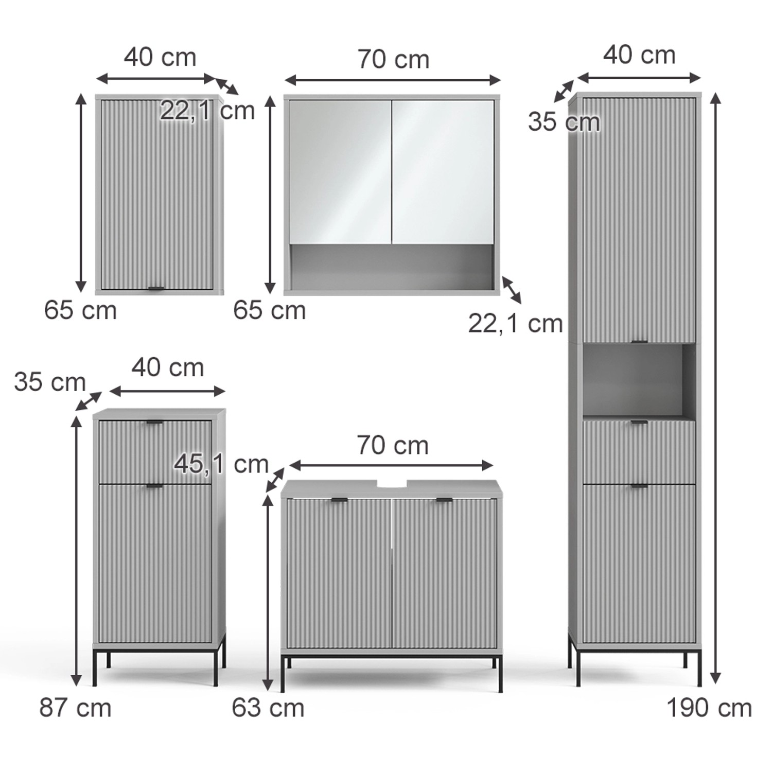 Vicco Badmöbel-Set Eliza, 5-teilig, grau, mit Spiegelschrank, Hoch-, Mittel-, Hänge- und Waschtischunterschrank.