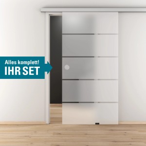 Novadoors Glasschiebetür-Set Ontario mit Alu-Beschlag und Softeinzug. Blickdichte Glastür mit horizontalen Streifen.