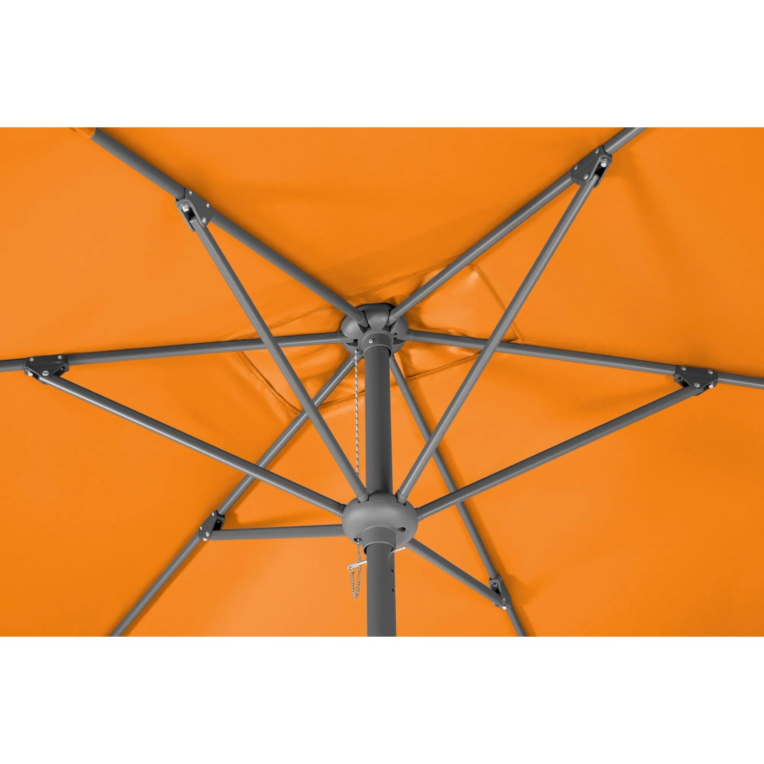 Detailaufnahme des Schneider Balkonschirm in Mandarine, Blick von unten auf das Gestell.