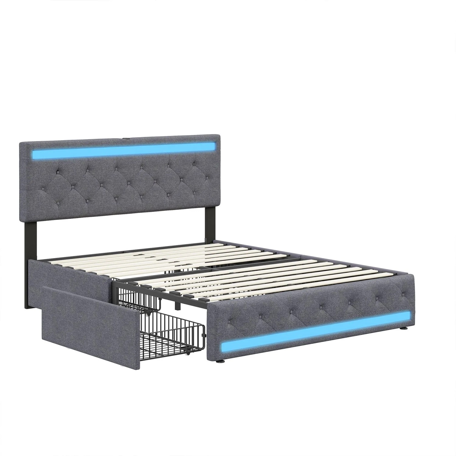 PXloue Bettrahmen Polsterbett in Grau mit LED-Beleuchtung und  Schubladen 140x200cm