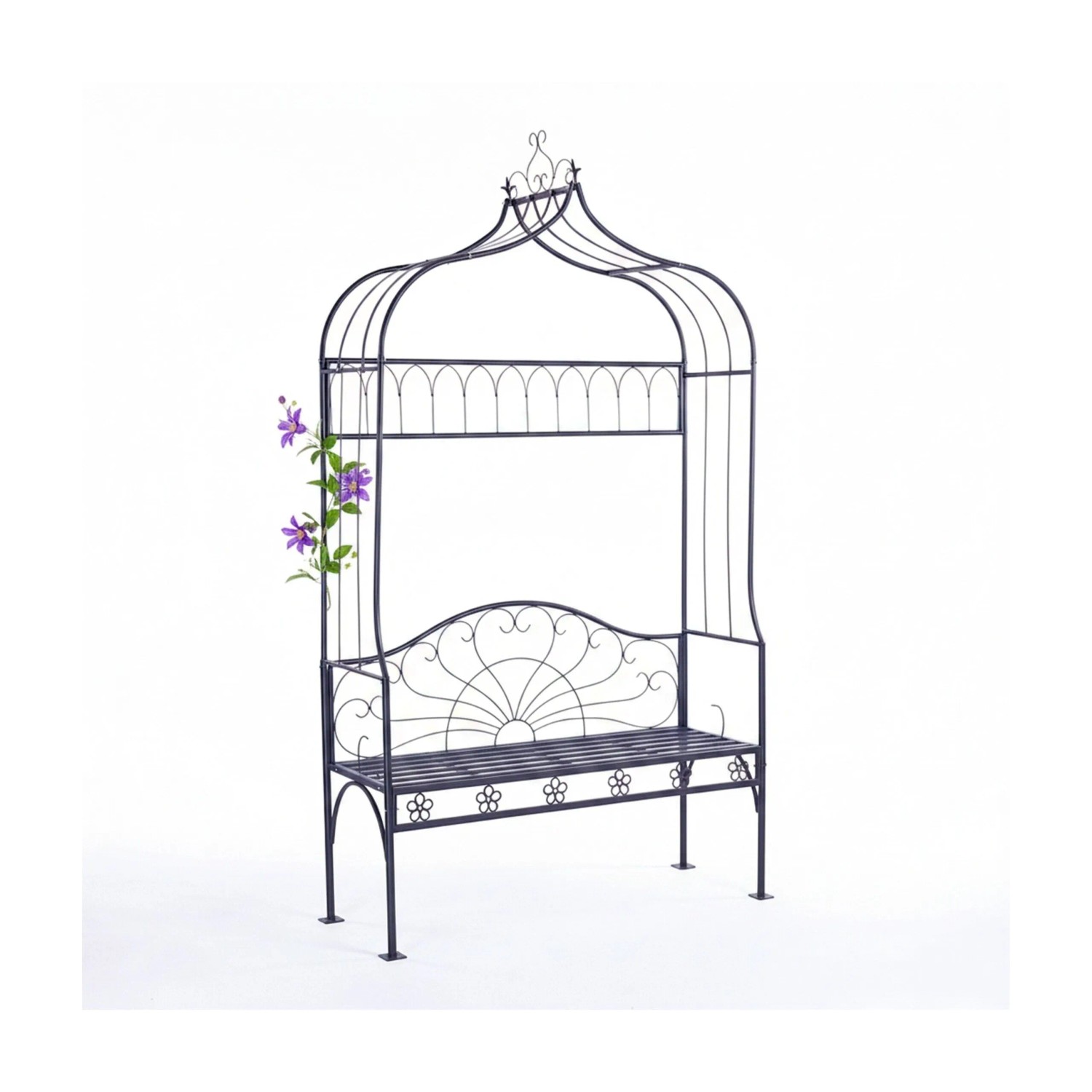 Relaxdays Rosenbogen Stahl Schwarz mit Gartenbank Wetterfest 220 cm x 122 cm x 43 cm