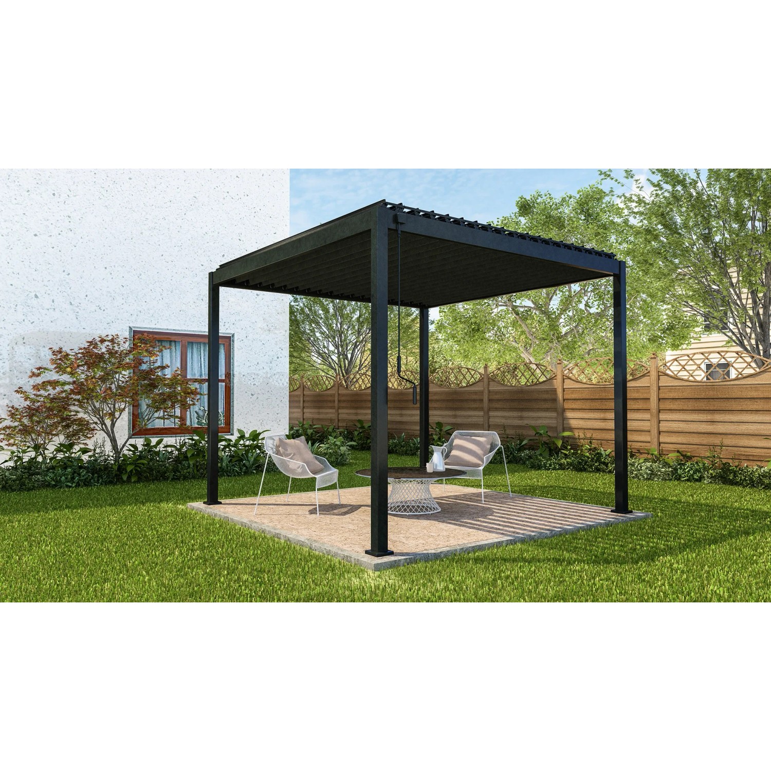 Anthrazitfarbene Mirador Basic Pergola 3x3 m im Garten mit Sitzbereich.