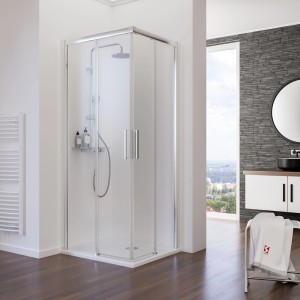 Schulte Eckeinstieg Kristall/Trend, 90x75 cm, Echtglas klar hell. Eckdusche mit Chrom-Optik Rahmen.