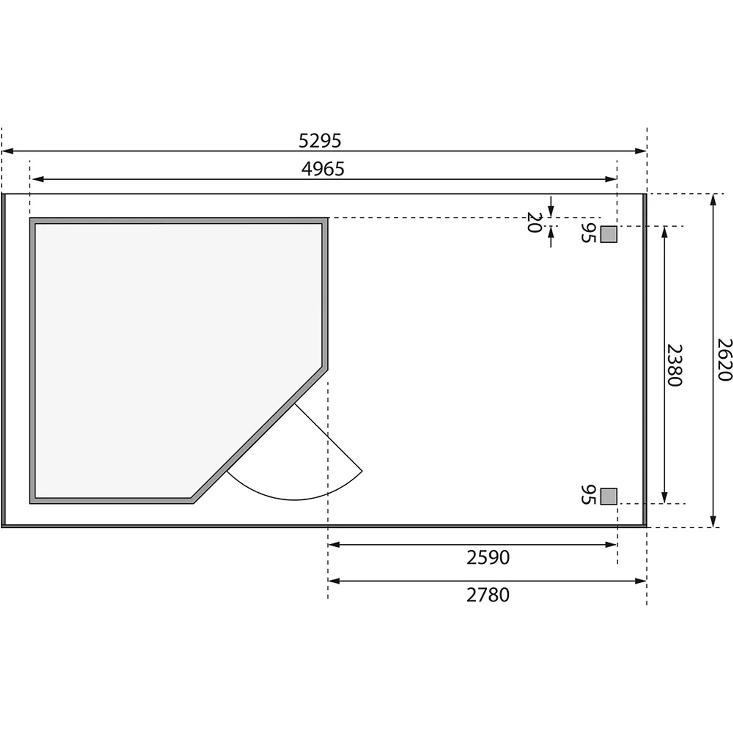 Grundriss Karibu Holz-Gartenhaus Linköbing: Pultdach, unbehandelt, 238x242cm, mit Maßen.