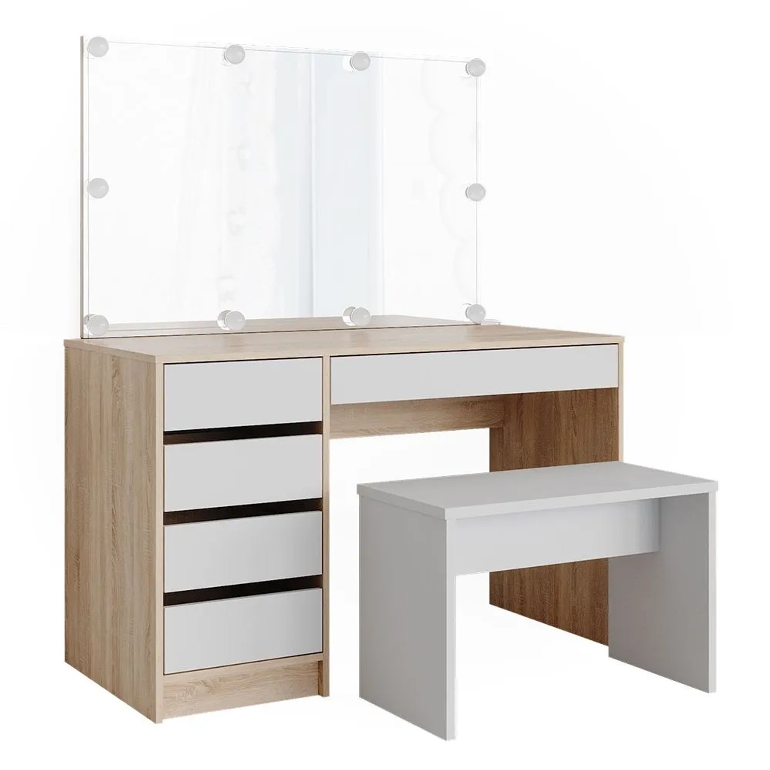 Vicco Schminktisch Sherry Weiß/Sonoma 120 x 145 mit Spiegel, LED-Lichterkette und Bank