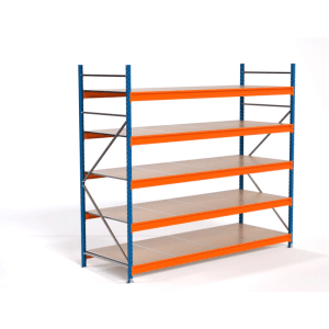PROREGAL Weitspannregal MAXIMUS PRO Grundregal mit 5 Spanplatten-Fachböden in Blau/Orange.