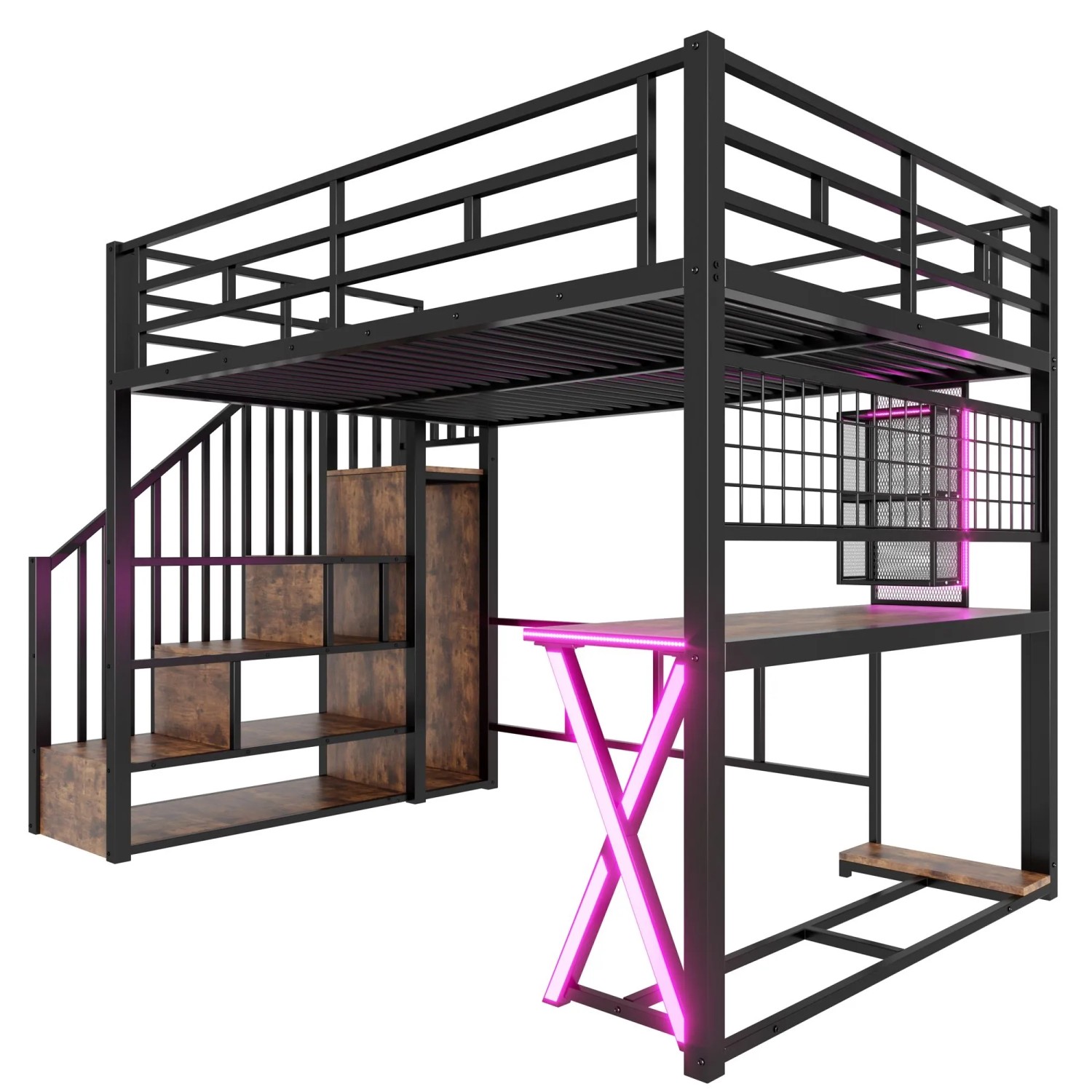okwish Hochbett 140x200cm mit Schreibtisch und Kleiderschrank Schwarz ohne Matratze