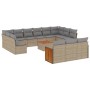 Beige 14-tlg. Garten-Sofagarnitur aus Poly Rattan mit hellgrauen Kissen und Tisch.