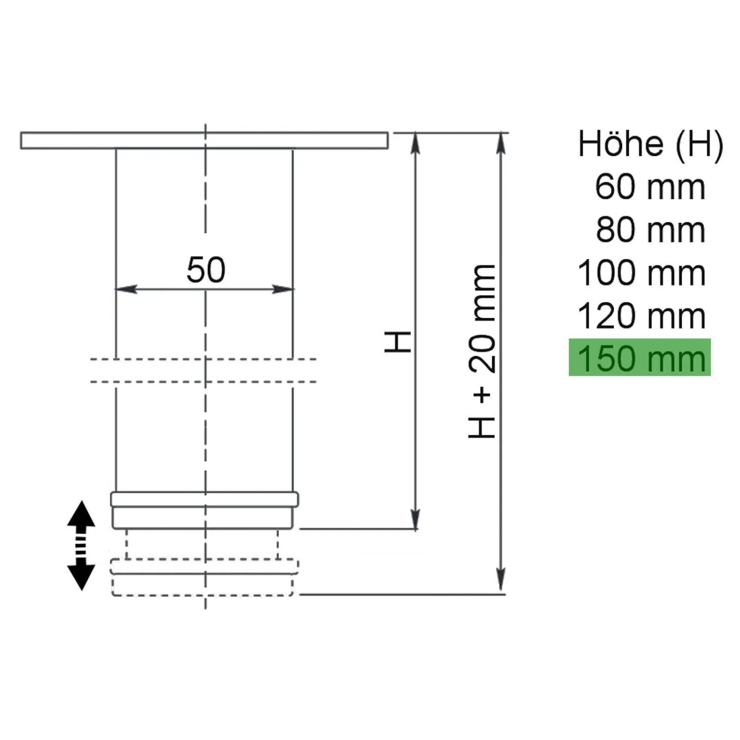 Technisches Diagramm des SOTECH Möbelfuß JIMMY Ø50 mm, Höhe 150 mm mit Höhenverstellung.