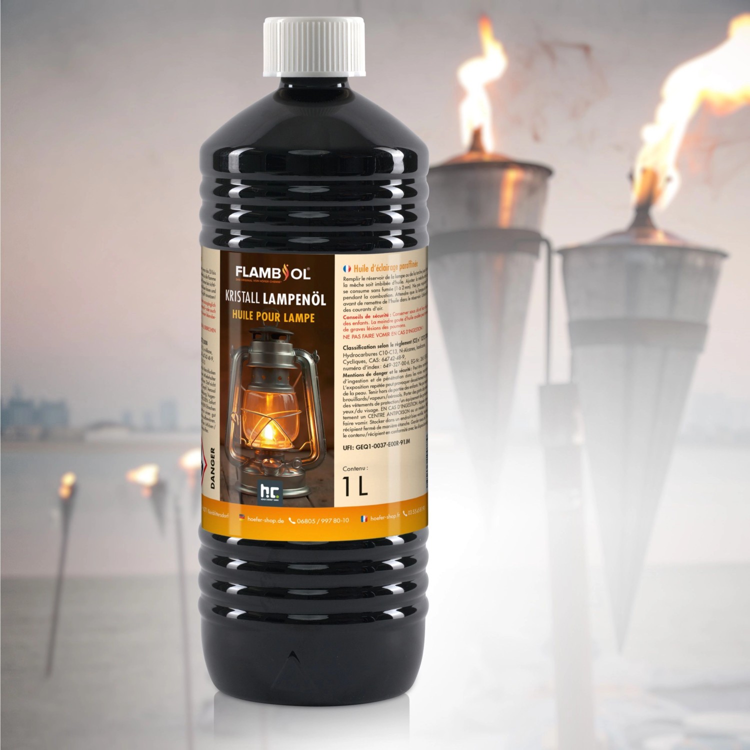 Flasche Flambiol Lampenöl, hochrein, kristallklar, 1 Liter für Lampen, Fackeln und Laternen.