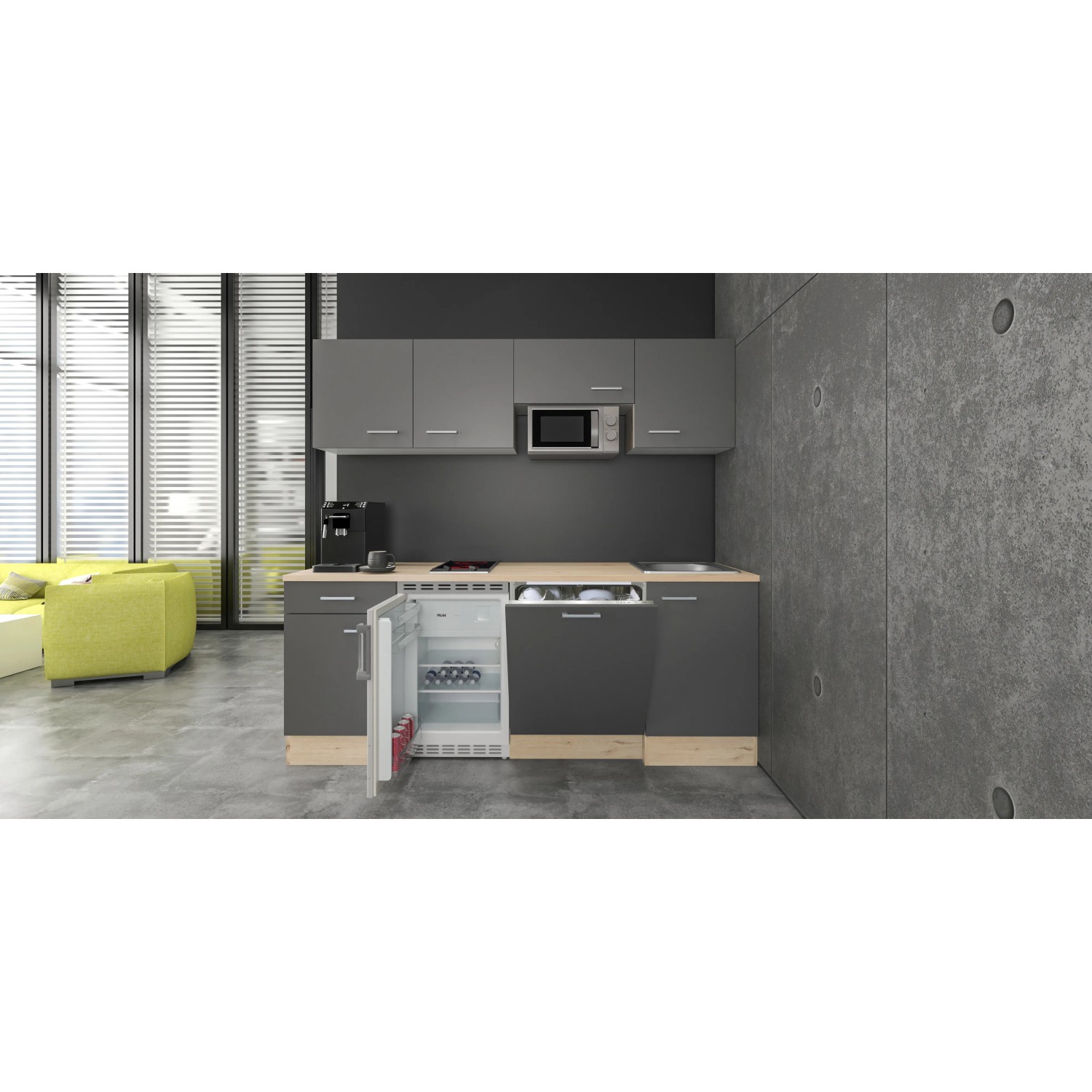 Flex-Well Büroküche Morena, 210 cm, basaltgrau/San Remo Eiche: Singleküche mit E-Geräten wie Kühlschrank und Mikrowelle.