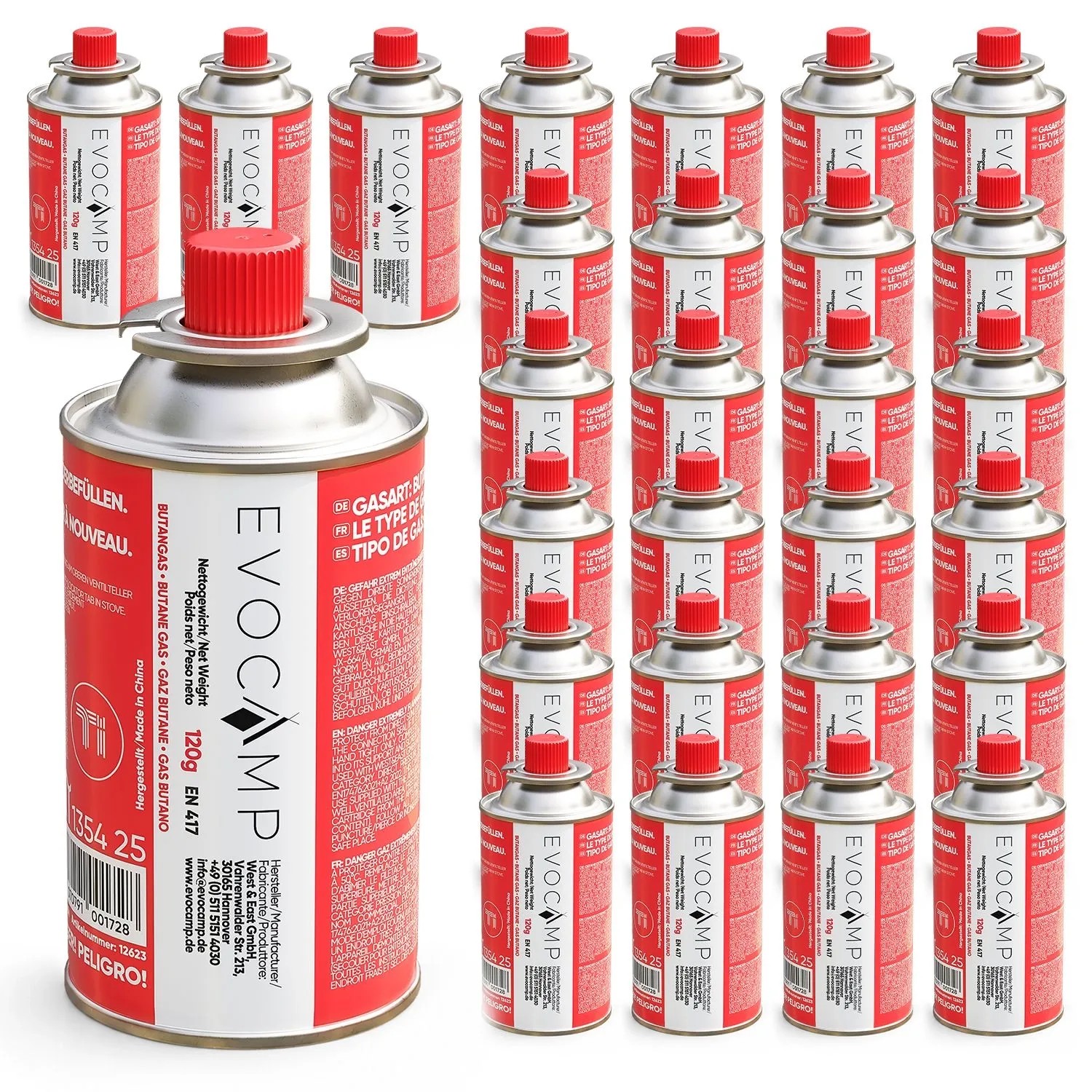 Evocamp Gaskartusche 28x 120g Butangas Kartusche für Campingkocher und Gasbrenner mit Selbstdichtendem Bajonettventil