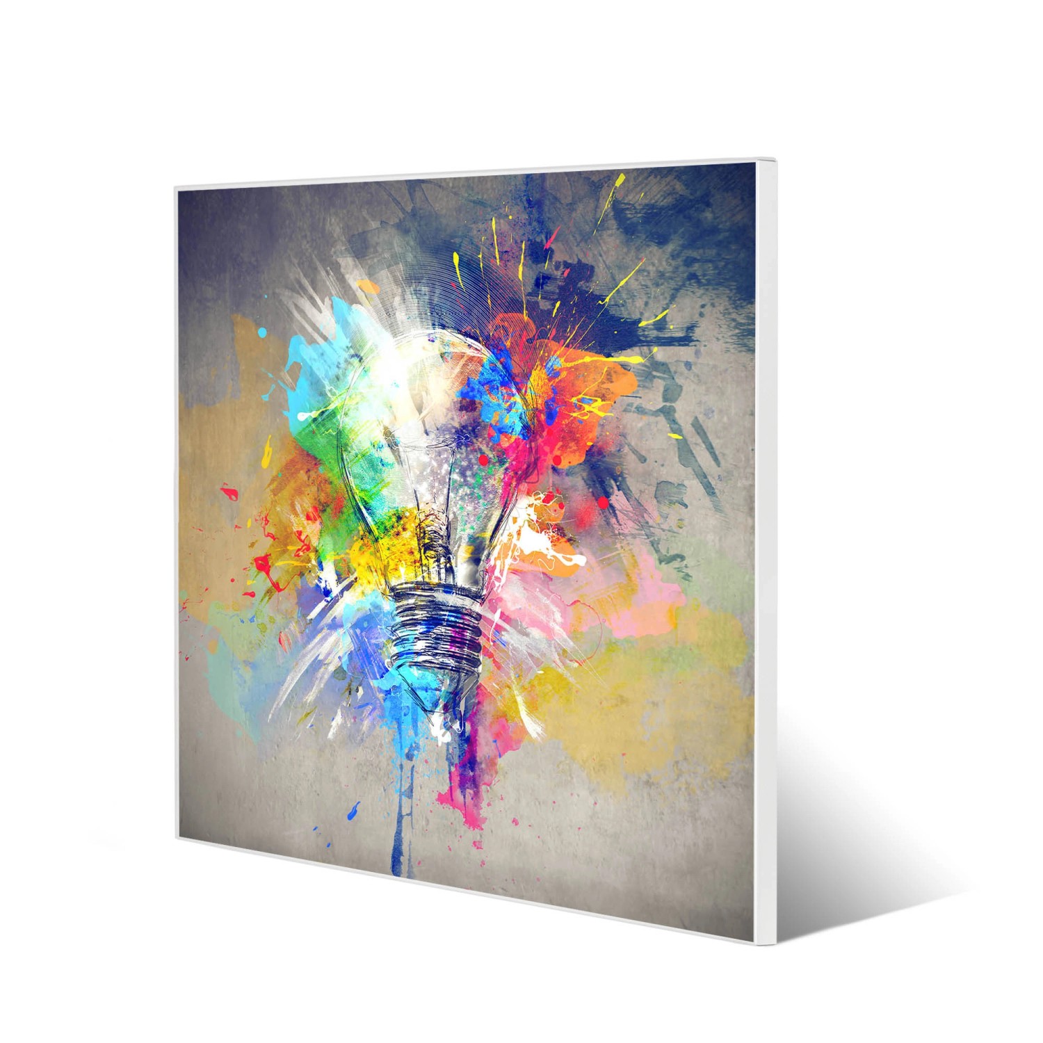 Weiße Banjado Magnettafel 50x50 cm mit farbigem Glühbirnen-Motiv, inklusive 4 Magnete.