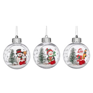Weihnachtsglaskugeln, 8 cm, 3-fach sortiert mit Wintermotiven (Weihnachtsmann, Schneemann, Pinguin).