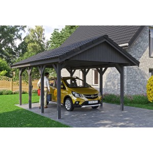 Satteldach-Carport Wallgau in Schiefergrau mit Dachlattung und Auto. Einzelcarport aus Holz.