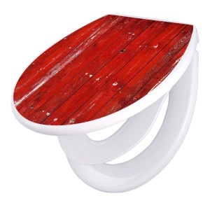 Banjado Familien WC-Sitz mit rotem Holzlatten-Motiv und integriertem Kindersitz.