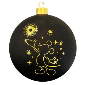 Schwarze Disney Weihnachtskugel mit leuchtendem Mickey Mouse Motiv, Sternen und goldenem Aufhänger. Festliche Deko.