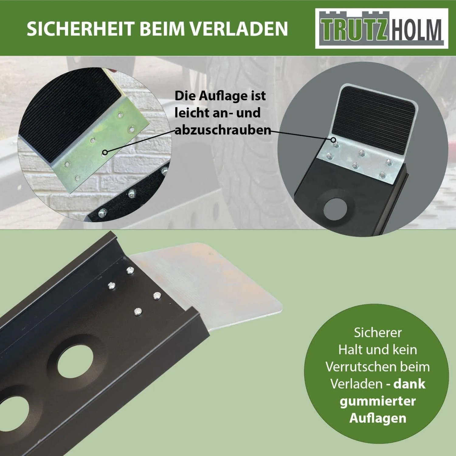 TRUTZHOLM Auffahrschiene, 194 cm, Alu, schwarz, Details zur Auflagefläche und Anti-Rutsch-Funktion.