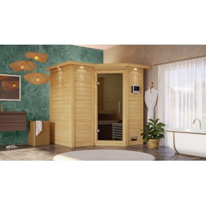 Woodfeeling Sauna Steena 1 mit Bio-Ofen und Dachkranz im Badezimmer.