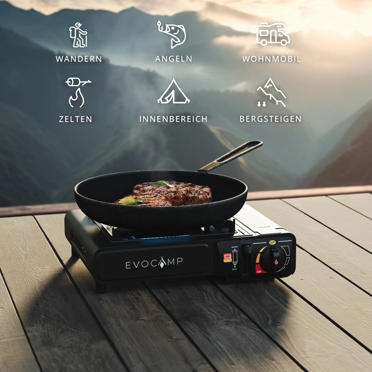 Evocamp Camping Gaskocher mit Grillplatte und Steak in Pfanne vor Bergkulisse.