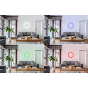Trio LED Lines Erweiterungs-Set, 3 weiße Lichtelemente in verschiedenen Farben im Wohnzimmer.