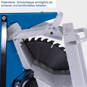Detailaufnahme der Scheppach HS550 Wippkreissäge mit Schutzklappe.