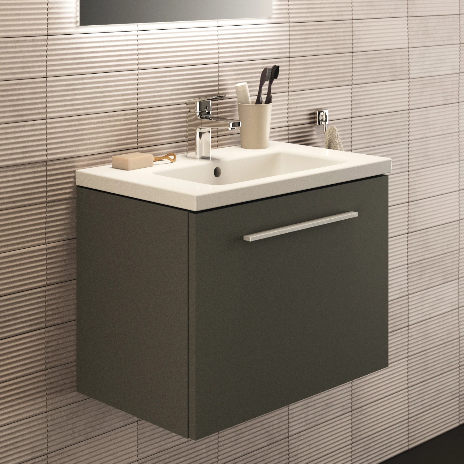 Ideal Standard i.life S Möbelwaschtisch, 61 cm, Weiß, mit Unterschrank in Grau. Einbauwaschbecken für moderne Bäder.
