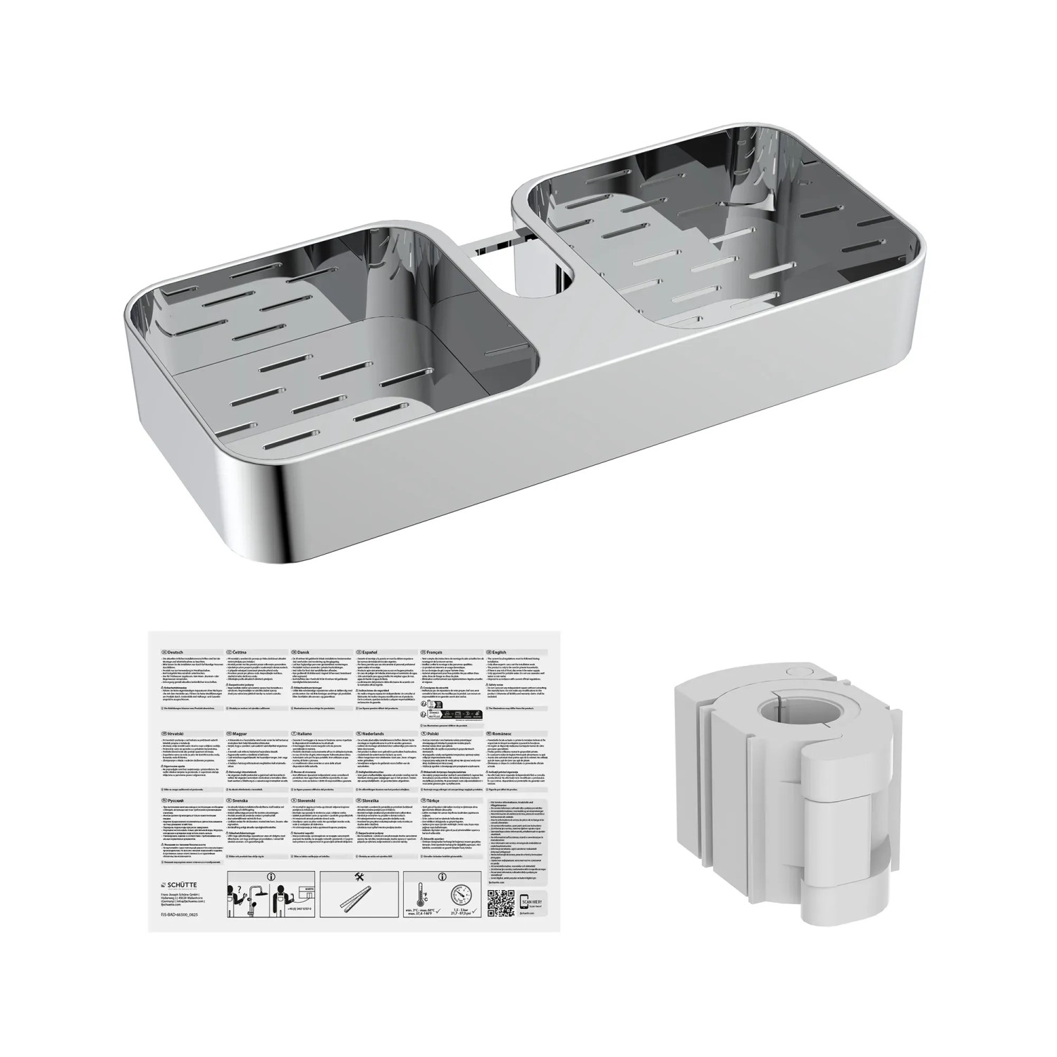 Schütte Duschablage Chrom für Brausestange, mit Montageanleitung und Click-Technik.