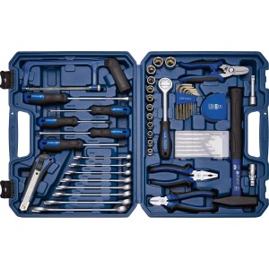 Offener, blauer LUX Werkzeugkoffer Classic, 54-teilig mit Werkzeugen wie Hammer, Schraubendreher, Zange, Schraubenschlüssel.