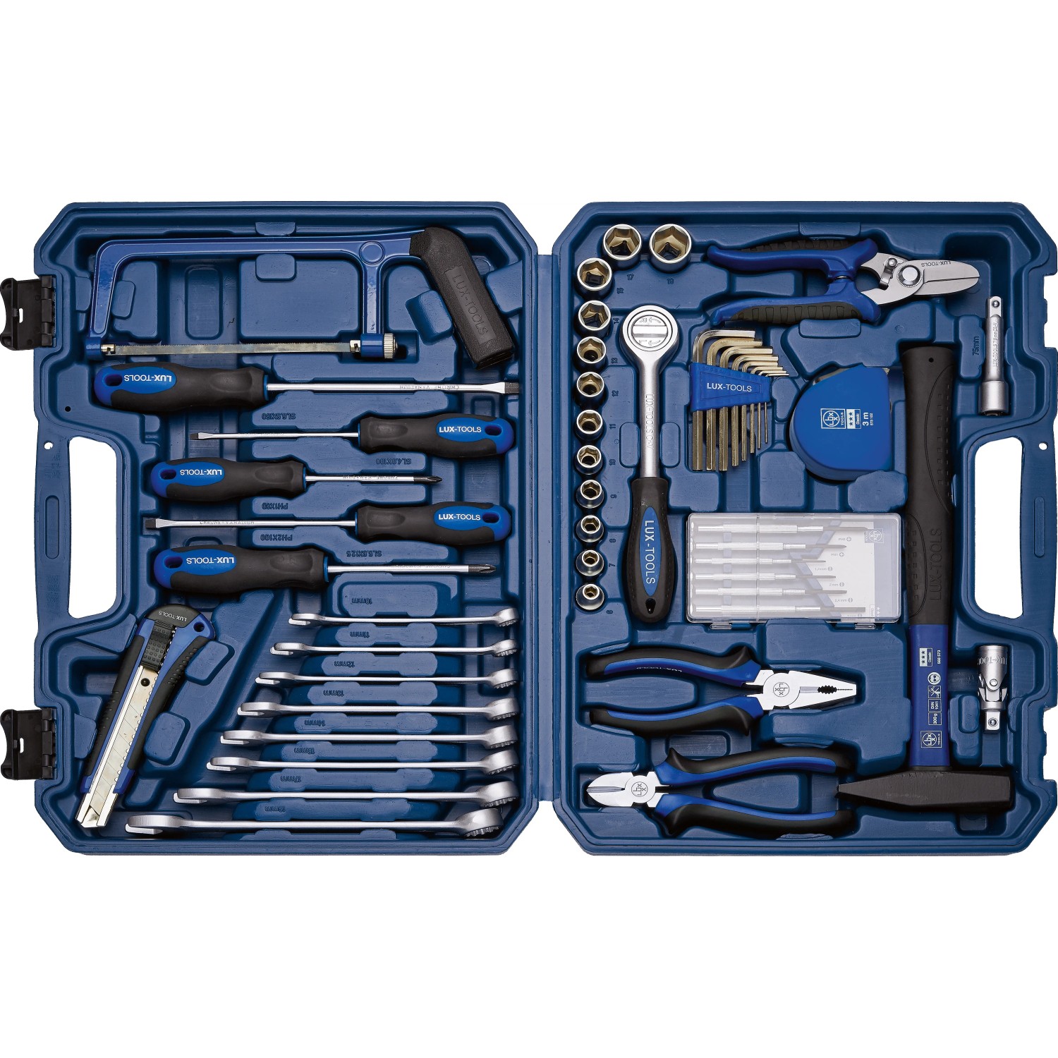 Offener, blauer LUX Werkzeugkoffer Classic, 54-teilig mit Werkzeugen wie Hammer, Schraubendreher, Zange, Schraubenschlüssel.
