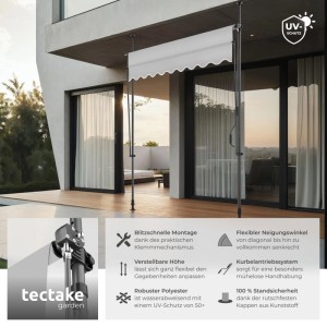 Tectake Klemmmarkise  Mit Handkurbel Uv Beständig 200 x 180 cm 180 x 200 x 304 cm Hellgrau