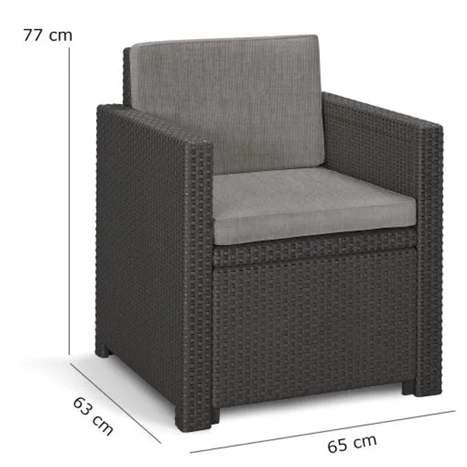 Sessel des Allibert Victoria Monaco Loungesets, Rattanoptik anthrazit mit grauen Kissen.