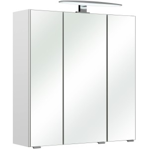 Pelipal Spiegelschrank, weiß glänzend, 65 cm breit, mit drei Spiegeltüren und Aufsatzleuchte.