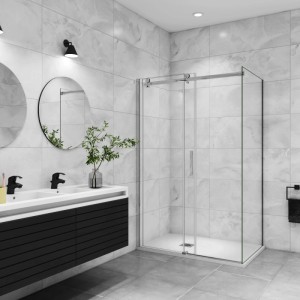 AICA Eckdusche mit Schiebetür, 150x90 cm, Klarglas, Chromrahmen. Duschkabine für barrierefreies Bad.