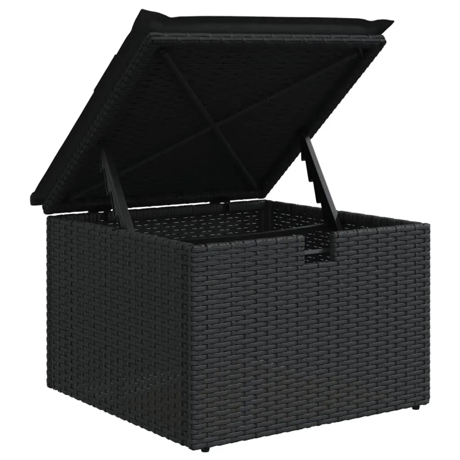 Schwarze vidaXL Gartenmöbel Auflagenbox aus Polyrattan mit geöffnetem Deckel.