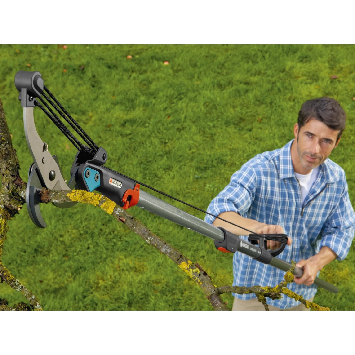 Mann schneidet Ast mit Gardena Amboss-Baumschere. Gartenschere mit Rollenübersetzung für trockene Äste.