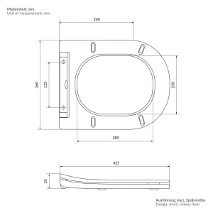 Technische Zeichnung: ECD Germany Hänge WC kurz, spülrandlos mit Bidet Funktion und WC-Sitz, Maße in mm.