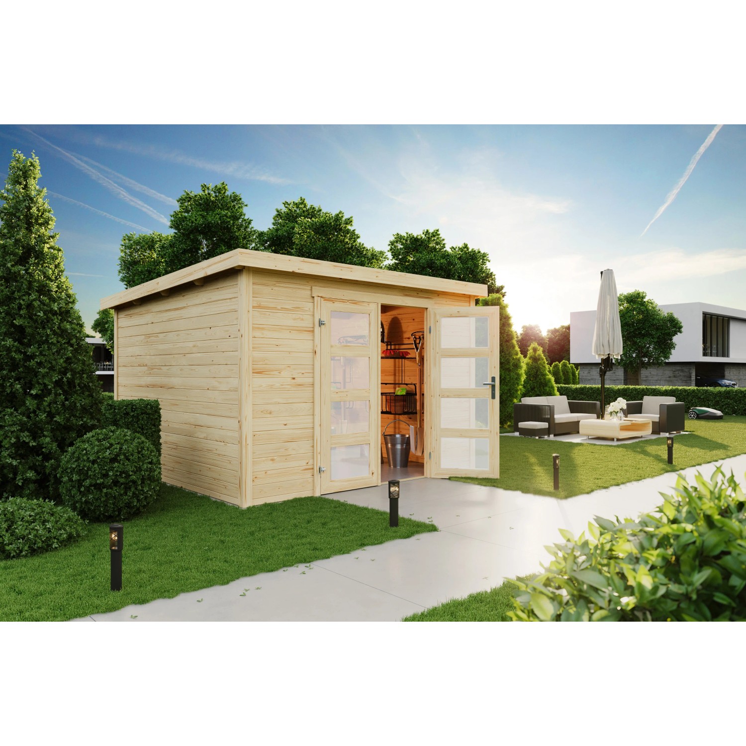 Lasita Holz-Gartenhaus Zambezi 7: Naturfarbenes Gartenhaus mit Doppeltür und Flachdach.
