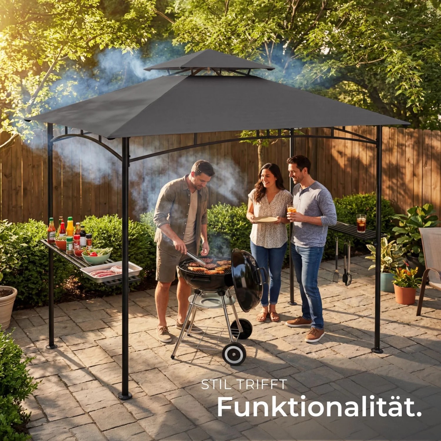 Anthrazitfarbener Tectake Grillpavillon Maracaibo mit Doppeldach, Grill und Personen.