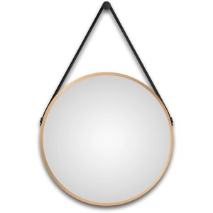 Runder Wandspiegel Silver Coiffeur Ø 50 cm mit goldenem Rahmen und schwarzem Lederband.