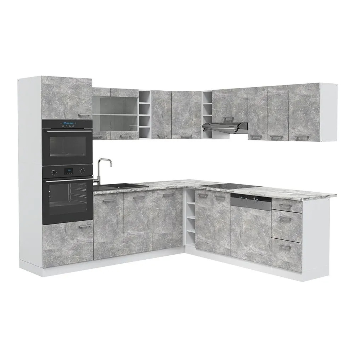 Vicco Eckküche R-Line Beton/Weiß 247 x 82, AP Marmor