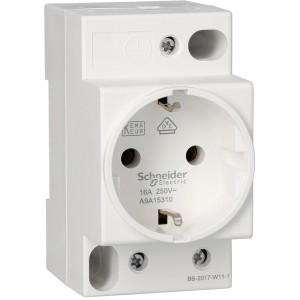 Schneider Electric Steckdose 2P+E 16A für DIN-Schiene, weiße Ausführung.