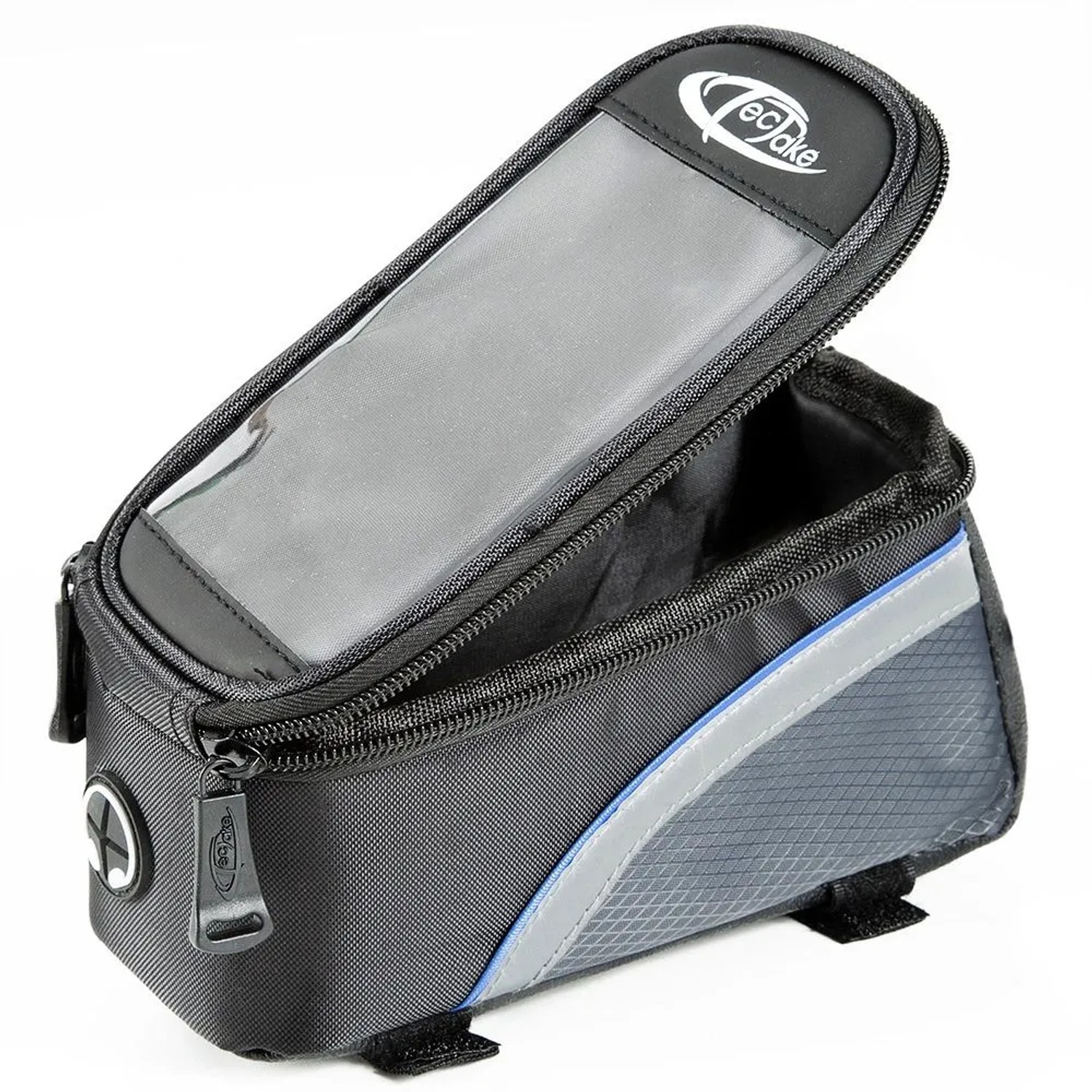 Tectake Fahrradtasche schwarz-grau mit blauen Akzenten, offenem Handyfach und Rahmenbefestigung. Wasserabweisende Textil-Aufbewahrung.