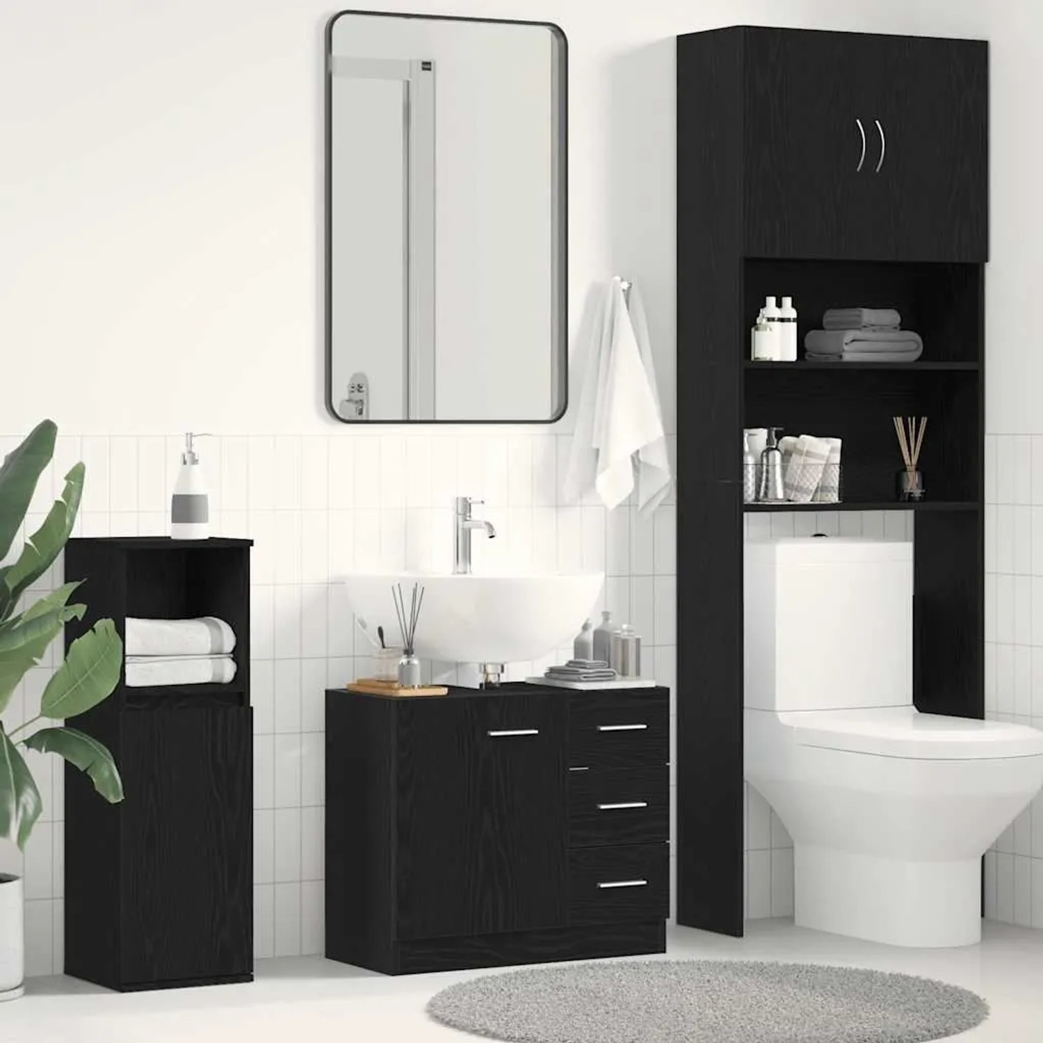 vidaXL Waschbeckenunterschrank in Schwarz Eichen-Optik, Teil eines Badezimmer-Sets.