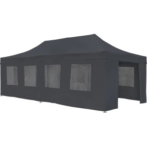 Dunkelgrauer Faltpavillon Carupano 790x397 cm mit Seitenwänden und Fenstern.