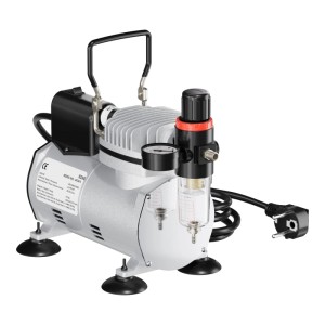 Wiltec Airbrush Kompressor AF18-2, silber-schwarz, mit Manometer, Wasserfilter und Tragegriff.